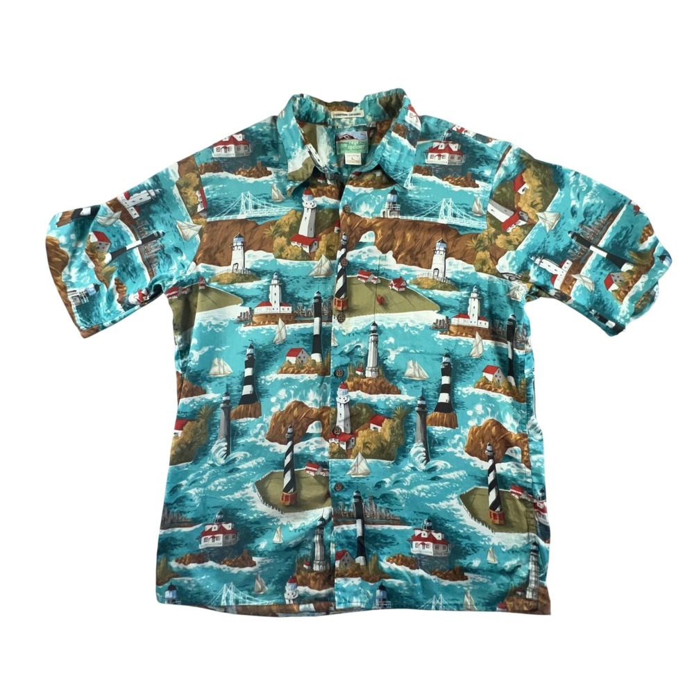 Reyn Spooner Joe Kealoha Hawaiian Shirt Lg Egyptian Cotton Lighthouse Nautical